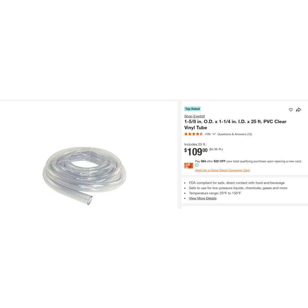 1-5/8 in. O.D. x 1-1/4 in. I.D. x 25 ft. PVC Clear Vinyl Tube